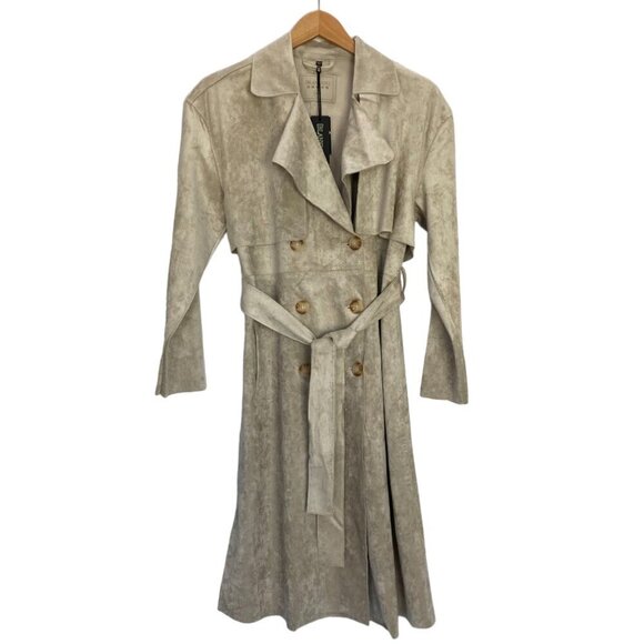 Free People x Blank NYC Vegan Suede Trench Coat Iced Chai Khaki - Picture 3 of 14
